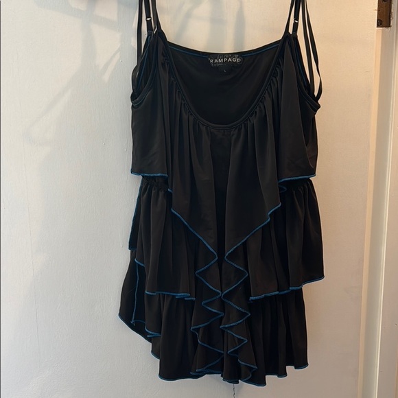 Rampage Tops - Black Ruffled Tank with Blue Trim